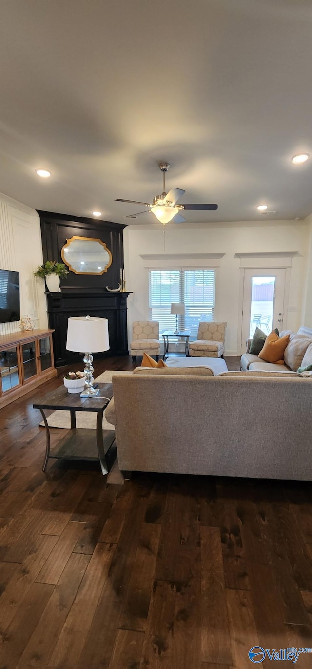 living area featuring ceiling fan, dark wood-type flooring, plenty of natural light, and a fireplace