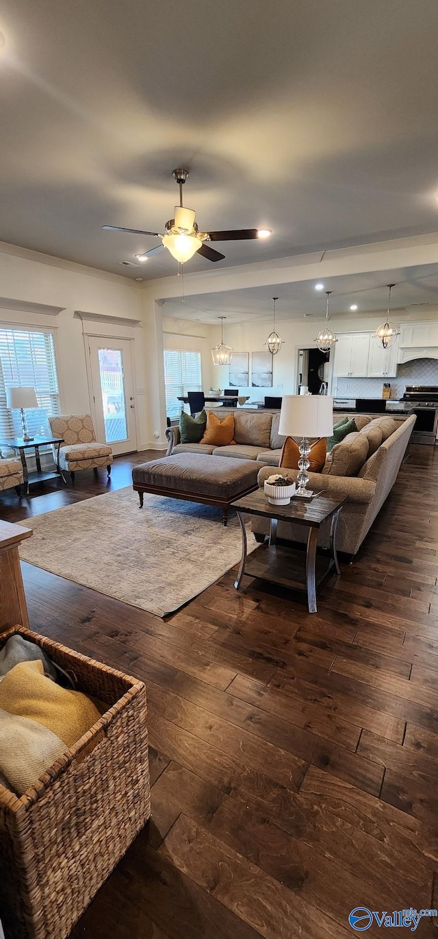 living room with recessed lighting, dark wood finished floors, and ceiling fan with notable chandelier