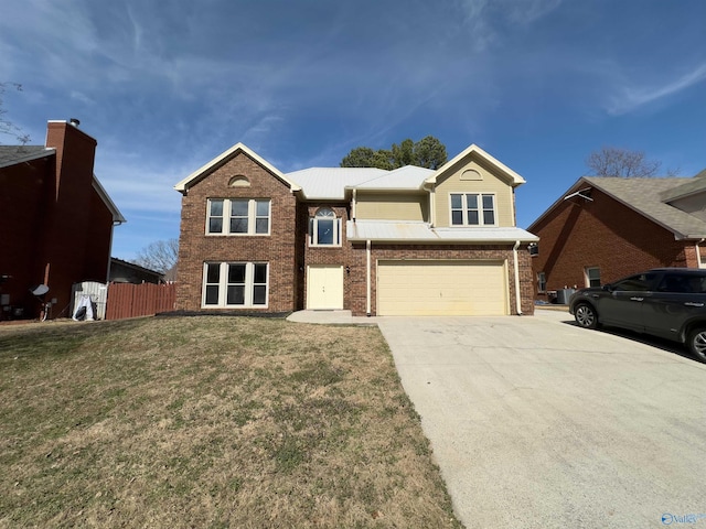 view of front of property featuring brick siding, fence, concrete driveway, a front yard, and an attached garage