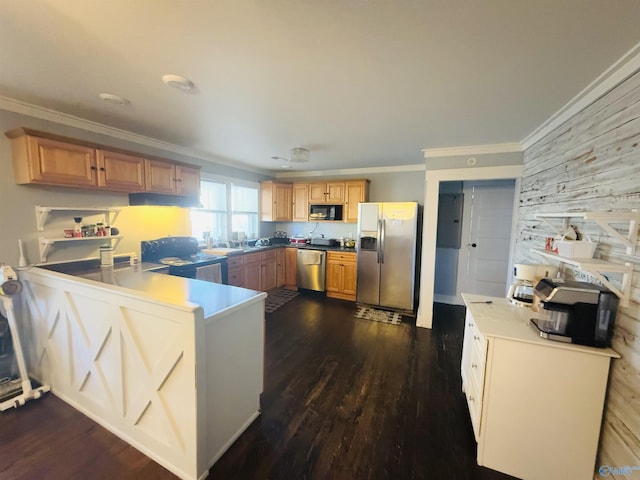 kitchen with electric panel, black appliances, ornamental molding, dark hardwood / wood-style flooring, and kitchen peninsula