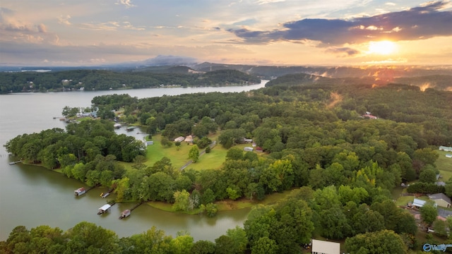 aerial view at dusk with a water view