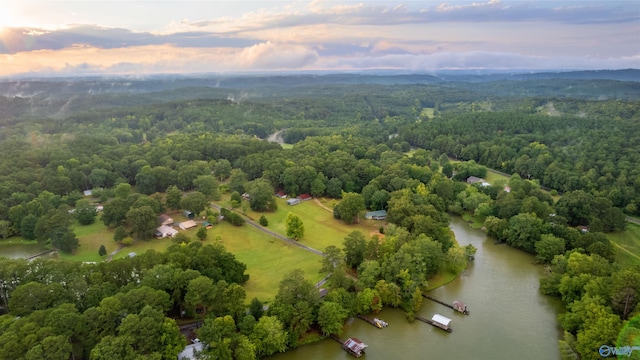 aerial view at dusk featuring a water view