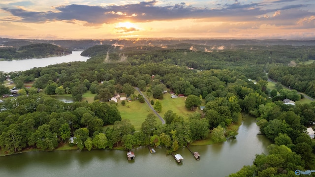 aerial view at dusk with a water view