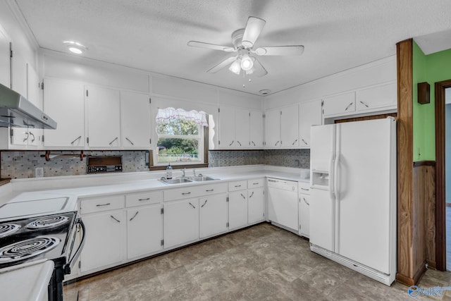 kitchen with white cabinetry, a textured ceiling, white appliances, and sink