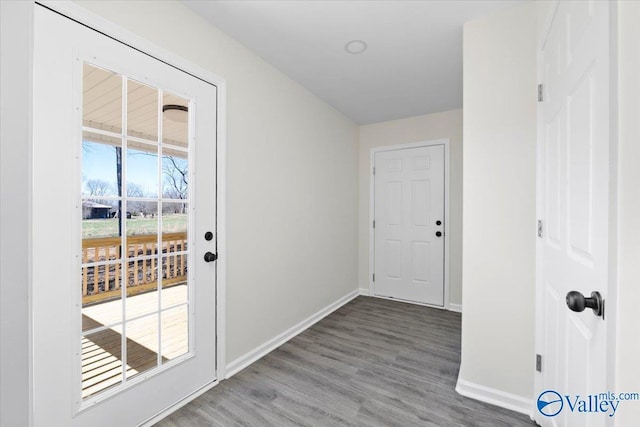 doorway to outside with wood-type flooring