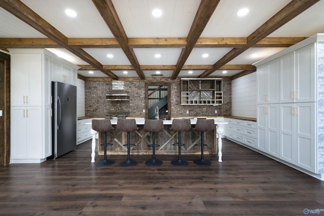 691 County Road 106, Leesburg, AL 35983 - kitchen featuring freestanding refrigerator, open shelves, recessed lighting, white cabinets, and a kitchen breakfast bar