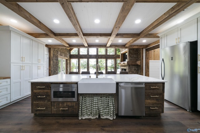 691 County Road 106, Leesburg, AL 35983 - kitchen featuring appliances with stainless steel finishes, white cabinets, recessed lighting, beam ceiling, and dark wood-style flooring