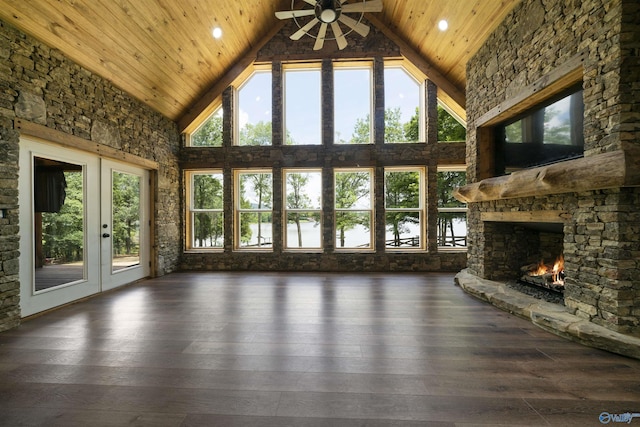 691 County Road 106, Leesburg, AL 35983 - unfurnished living room with wood ceiling, high vaulted ceiling, a ceiling fan, a fireplace, and french doors