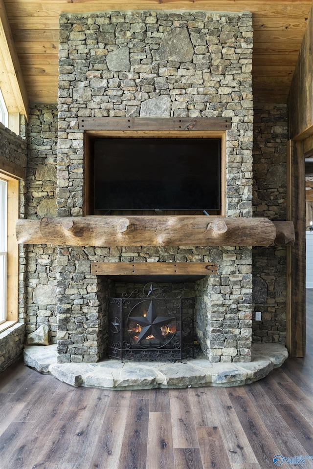 691 County Road 106, Leesburg, AL 35983 - detailed view of wood ceiling, a fireplace, and wood finished floors