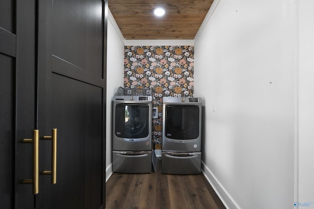 691 County Road 106, Leesburg, AL 35983 - washroom featuring washer and dryer, dark wood-type flooring, and wood ceiling