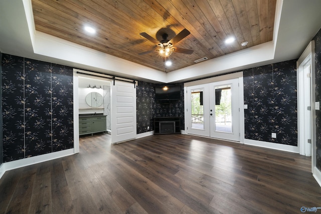691 County Road 106, Leesburg, AL 35983 - unfurnished living room with a raised ceiling, wallpapered walls, wooden ceiling, french doors, and a ceiling fan