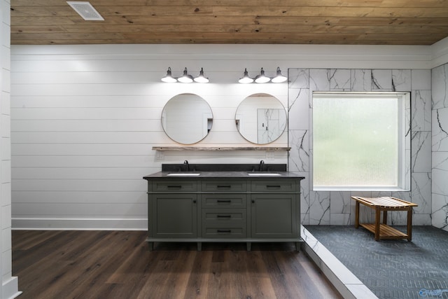 691 County Road 106, Leesburg, AL 35983 - bathroom with wood ceiling, wood finished floors, and double vanity