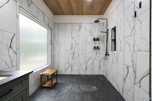 691 County Road 106, Leesburg, AL 35983 - bathroom with a tile shower, wood ceiling, and vanity