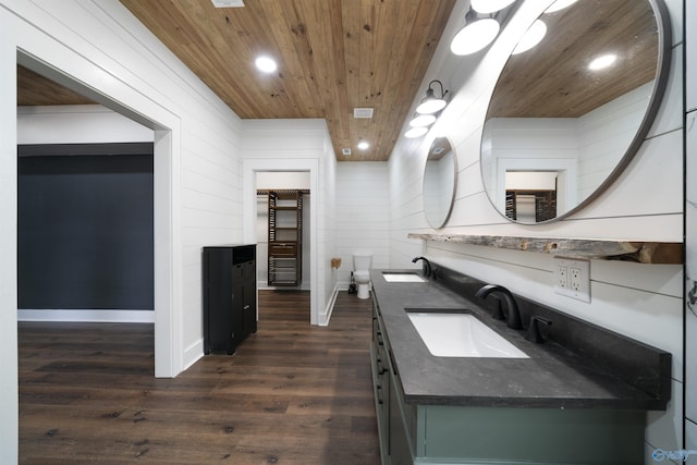 691 County Road 106, Leesburg, AL 35983 - full bathroom with wood ceiling, wood finished floors, double vanity, recessed lighting, and wooden walls