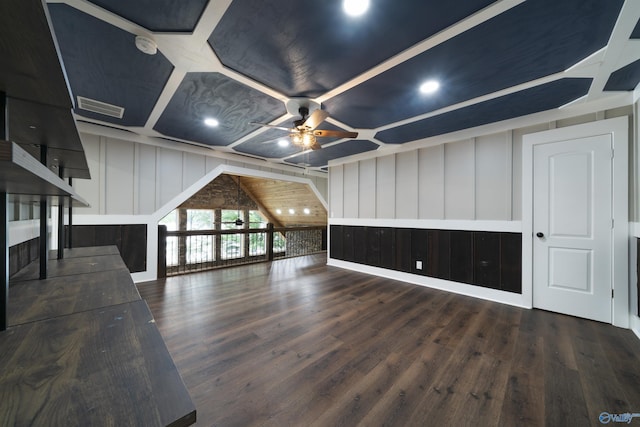 691 County Road 106, Leesburg, AL 35983 - unfurnished living room featuring a ceiling fan, a decorative wall, wood finished floors, coffered ceiling, and recessed lighting