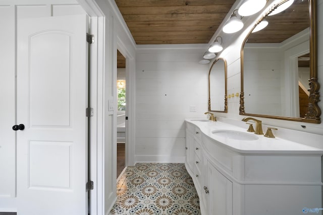 691 County Road 106, Leesburg, AL 35983 - bathroom featuring wood ceiling, double vanity, and tile patterned flooring
