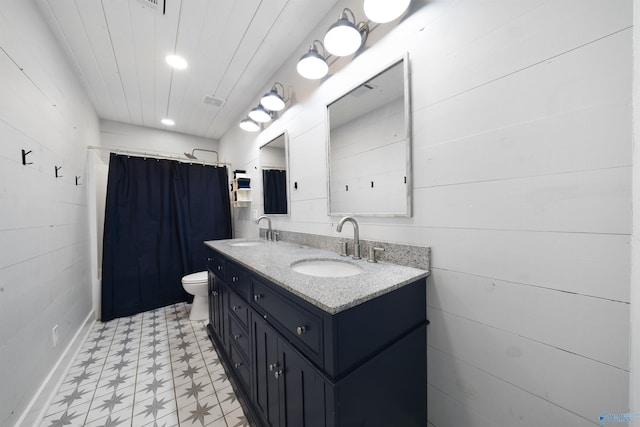 691 County Road 106, Leesburg, AL 35983 - full bathroom featuring tile patterned floors, double vanity, wood walls, and curtained shower
