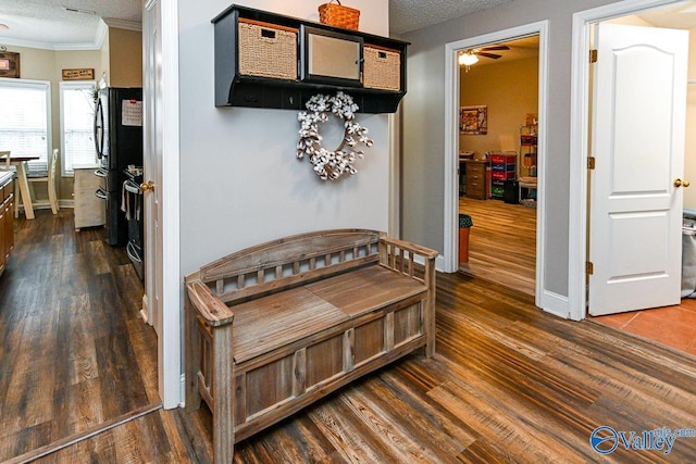 interior space featuring crown molding, ceiling fan, dark wood-type flooring, and a textured ceiling