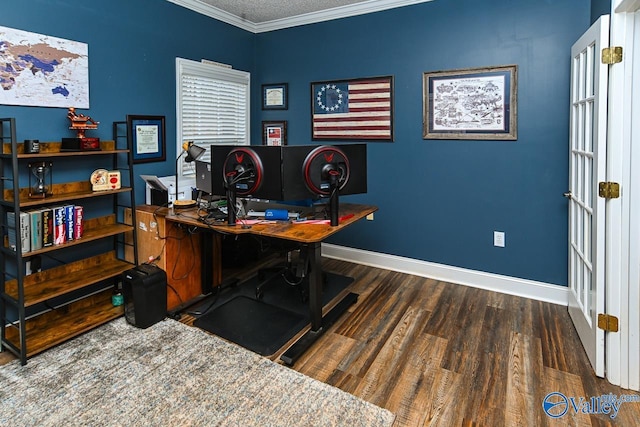 office space featuring a textured ceiling, dark hardwood / wood-style floors, and crown molding