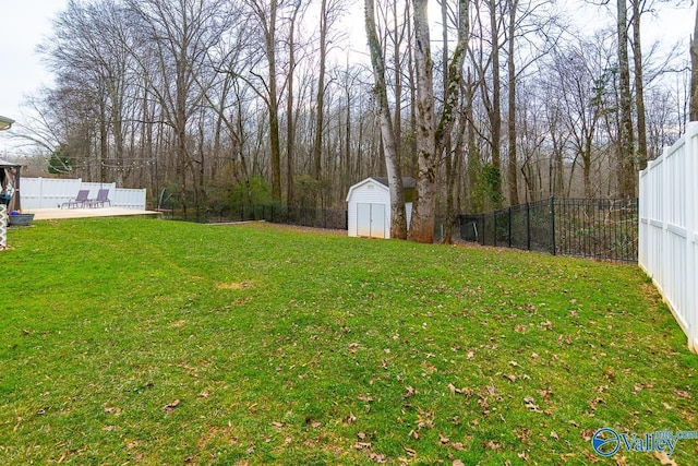 view of yard with a patio and a shed