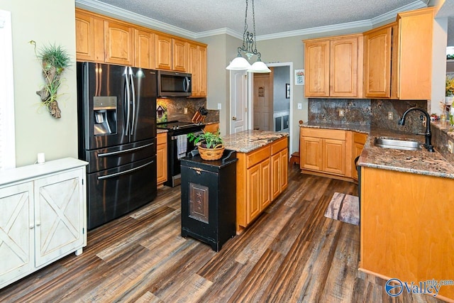 kitchen with stone counters, sink, electric range, tasteful backsplash, and fridge with ice dispenser