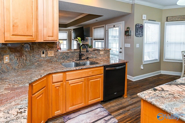 kitchen with dishwasher, stone counters, crown molding, sink, and dark hardwood / wood-style flooring