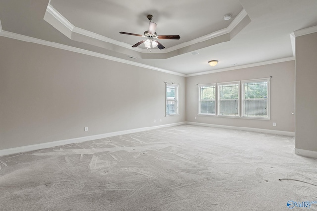 carpeted empty room featuring ceiling fan, ornamental molding, and a raised ceiling