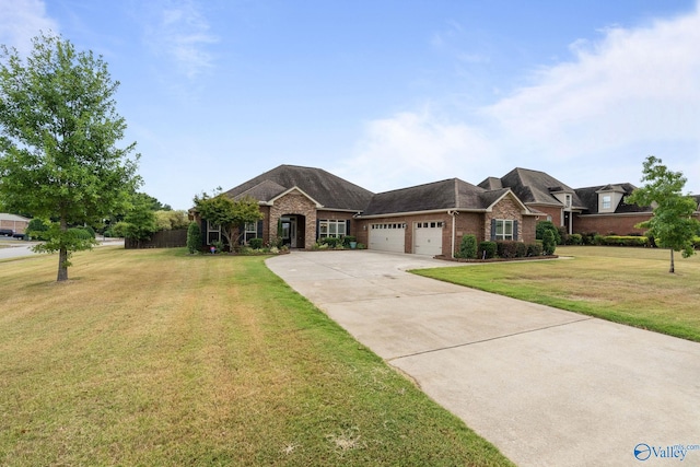 single story home with a front yard and a garage