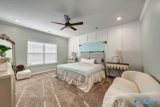 bedroom featuring carpet, ceiling fan, and ornamental molding