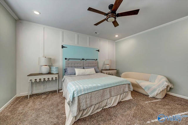 bedroom featuring ceiling fan, ornamental molding, and light carpet