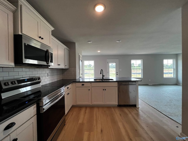 kitchen featuring light carpet, kitchen peninsula, stainless steel appliances, and a healthy amount of sunlight