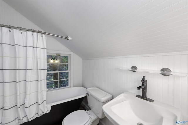 bathroom with vaulted ceiling, toilet, and sink