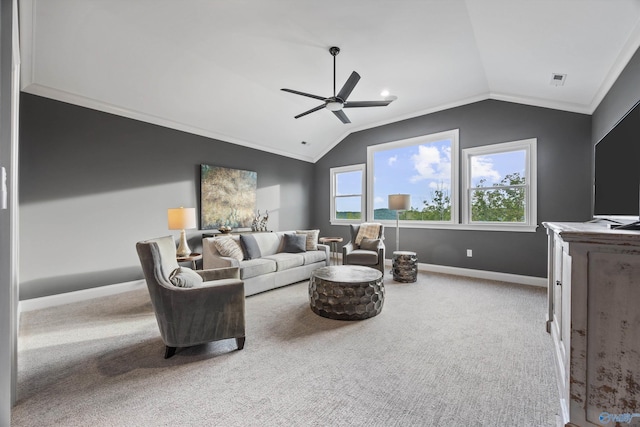 27 Watson Grande Way, Owens Cross Roads, AL 35763 - carpeted living room with ceiling fan, vaulted ceiling, baseboards, and crown molding