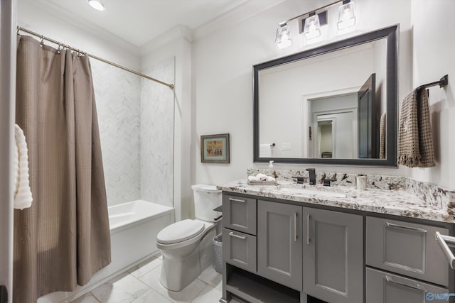 27 Watson Grande Way, Owens Cross Roads, AL 35763 - bathroom featuring ornamental molding, toilet, shower / bath combo, vanity, and marble look tile flooring