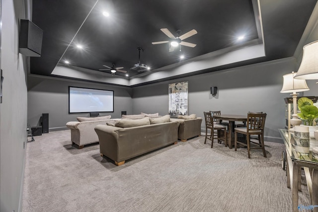 27 Watson Grande Way, Owens Cross Roads, AL 35763 - cinema room featuring a ceiling fan, a raised ceiling, carpet flooring, baseboards, and recessed lighting