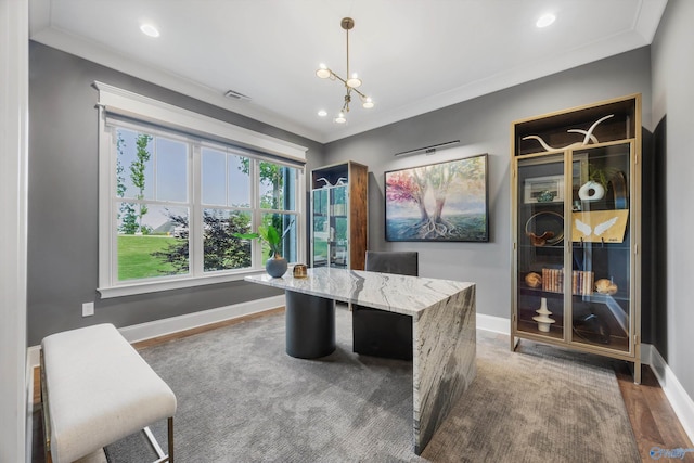 27 Watson Grande Way, Owens Cross Roads, AL 35763 - office space featuring baseboards, a chandelier, crown molding, and recessed lighting
