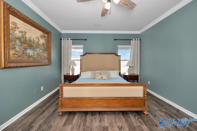 bedroom with ornamental molding, ceiling fan, and dark hardwood / wood-style flooring