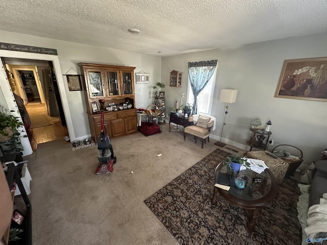 carpeted living area with a textured ceiling and baseboards