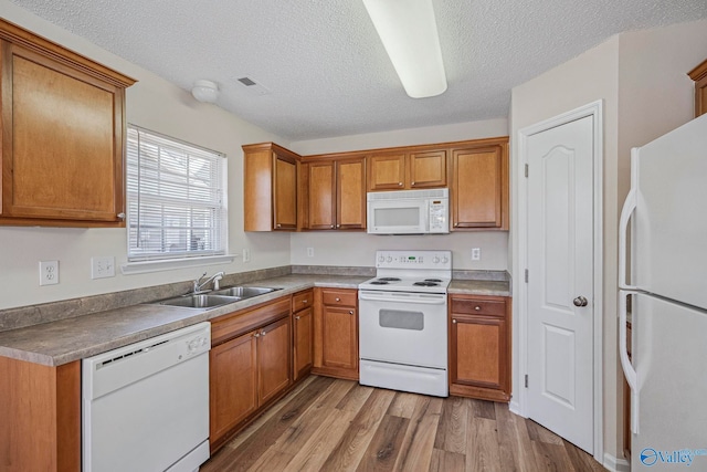 kitchen featuring a sink, white appliances, brown cabinetry, and light wood finished floors