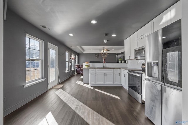 kitchen featuring white cabinetry, appliances with stainless steel finishes, dark hardwood / wood-style flooring, kitchen peninsula, and a raised ceiling