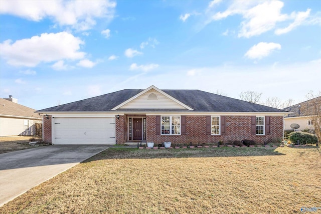 ranch-style house with a garage and a front yard