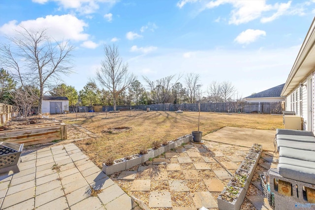 view of yard featuring a storage shed and a patio area