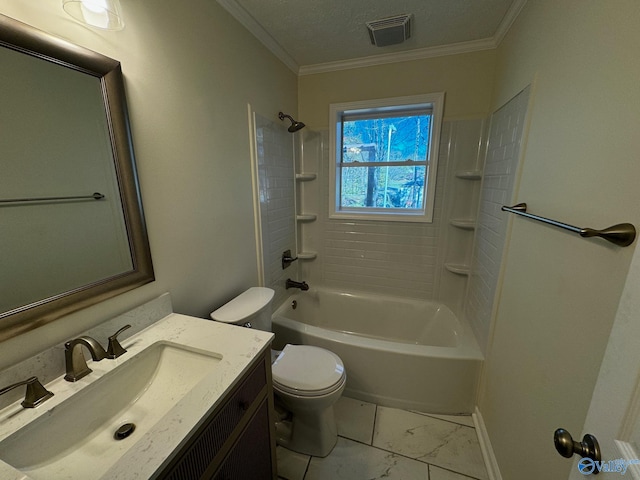 full bathroom with ornamental molding, vanity, a textured ceiling, tiled shower / bath combo, and toilet