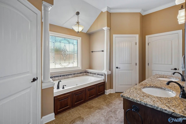 full bathroom with a bath, ornate columns, crown molding, and a sink