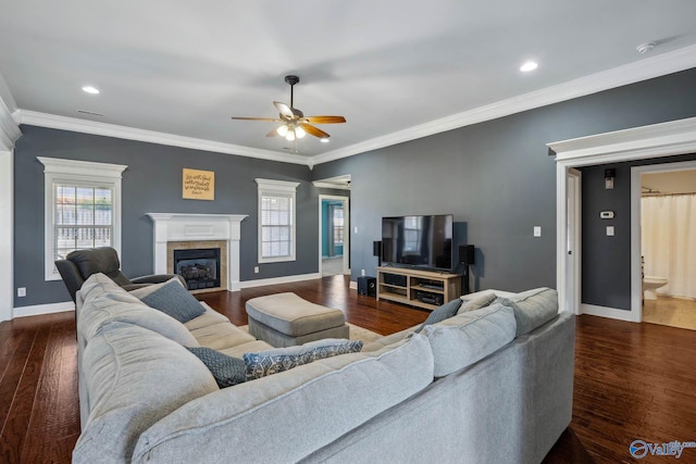 living room featuring dark wood-style flooring, a healthy amount of sunlight, crown molding, and baseboards