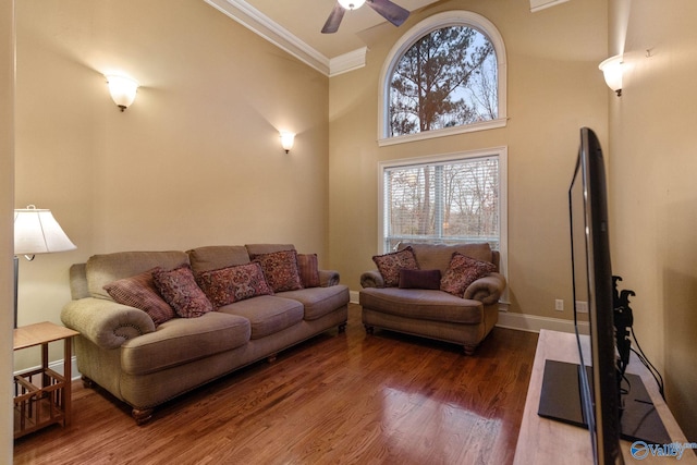 living room featuring hardwood / wood-style floors, ceiling fan, ornamental molding, and a high ceiling