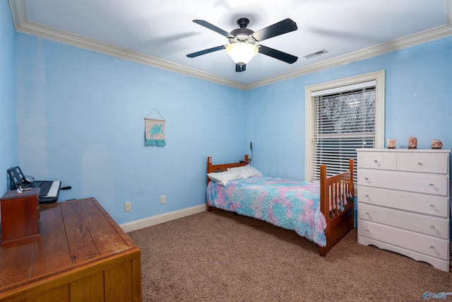 bedroom with ceiling fan, carpet floors, and crown molding