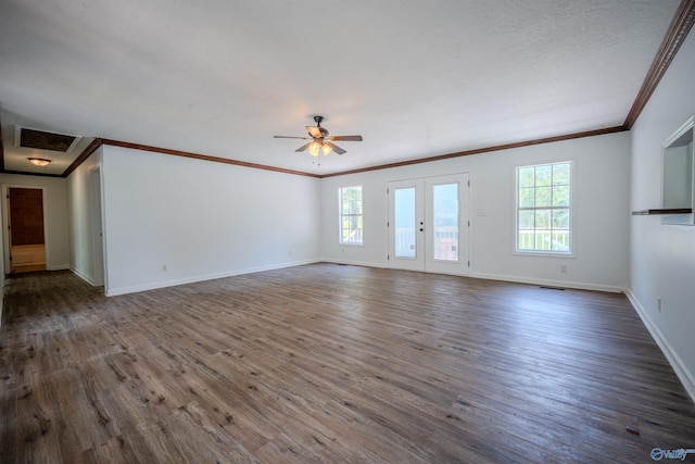 unfurnished living room with french doors, dark hardwood / wood-style flooring, ornamental molding, and ceiling fan