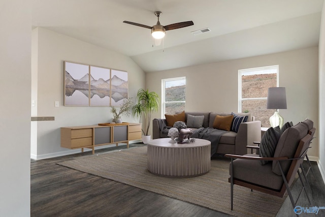 4016 Sherri St SW, Decatur, AL 35603 - living room with dark wood-type flooring, ceiling fan, and vaulted ceiling