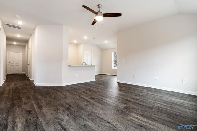 4016 Sherri St SW, Decatur, AL 35603 - unfurnished living room featuring ceiling fan, lofted ceiling, and dark hardwood / wood-style floors